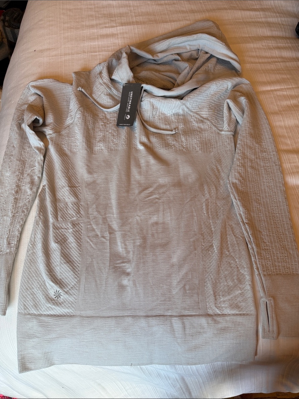 Athleta Light Gray Waffle-Knit Cowl Hoodie Sweater